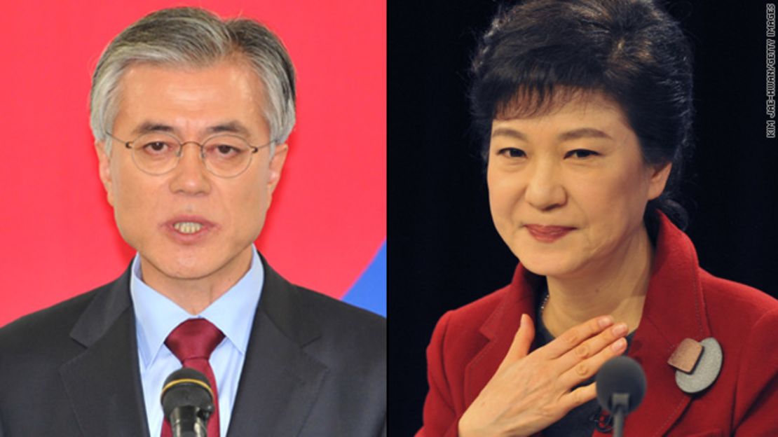 South Korean network YTN says Moon Jae-in, left, has conceded victory to Park Geun-hye.