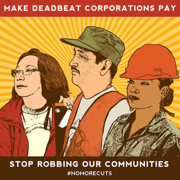 A partial view of "Make Deadbeat Corporations Pay. Stop Robbing Our Communities," by Melanie Cervantes