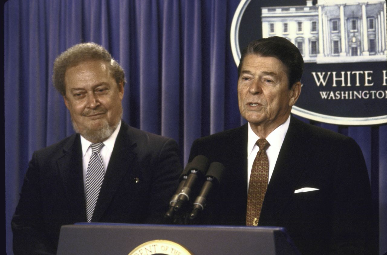 President Ronald Reagan speaks at a 1987 press conference with his Supreme Court nominee Bork. Bork was rejected as a nominee to the high court after a contentious confirmation battle led by left-leaning groups who opposed his conservative judicial philosophies.