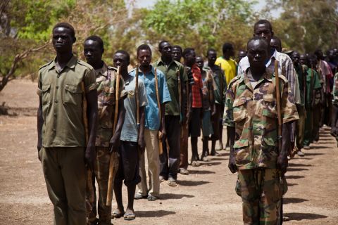 The Sudanese government argues it is fighting a rebellion led by the Sudan People's Liberation Movement. Pictured, SPLA-N soldiers train in the Nuba Mountians, South Kordofan in April 2012.