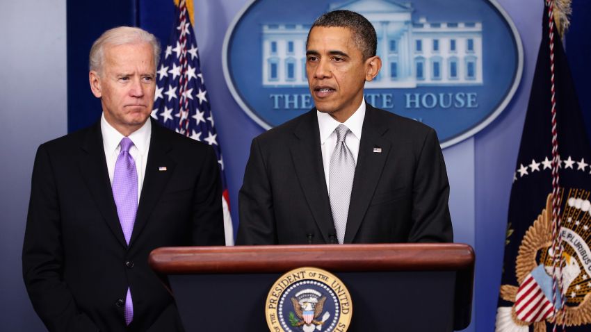 WASHINGTON, DC - DECEMBER 19: U.S. President Barack Obama (R) announces the creation of an interagency task force for guns as as Vice President Joseph Biden listens in the Brady Press Briefing Room at the White House on December 19, 2012 in Washington, DC. President Obama announced that he is making an administration-wide effort to solve gun violence and has tapped Vice President Joe Biden to lead an interagency task force in the wake of the Sandy Hook Elementary School shooting in Newtown, Connecticut. (Photo by Win McNamee/Getty Images)