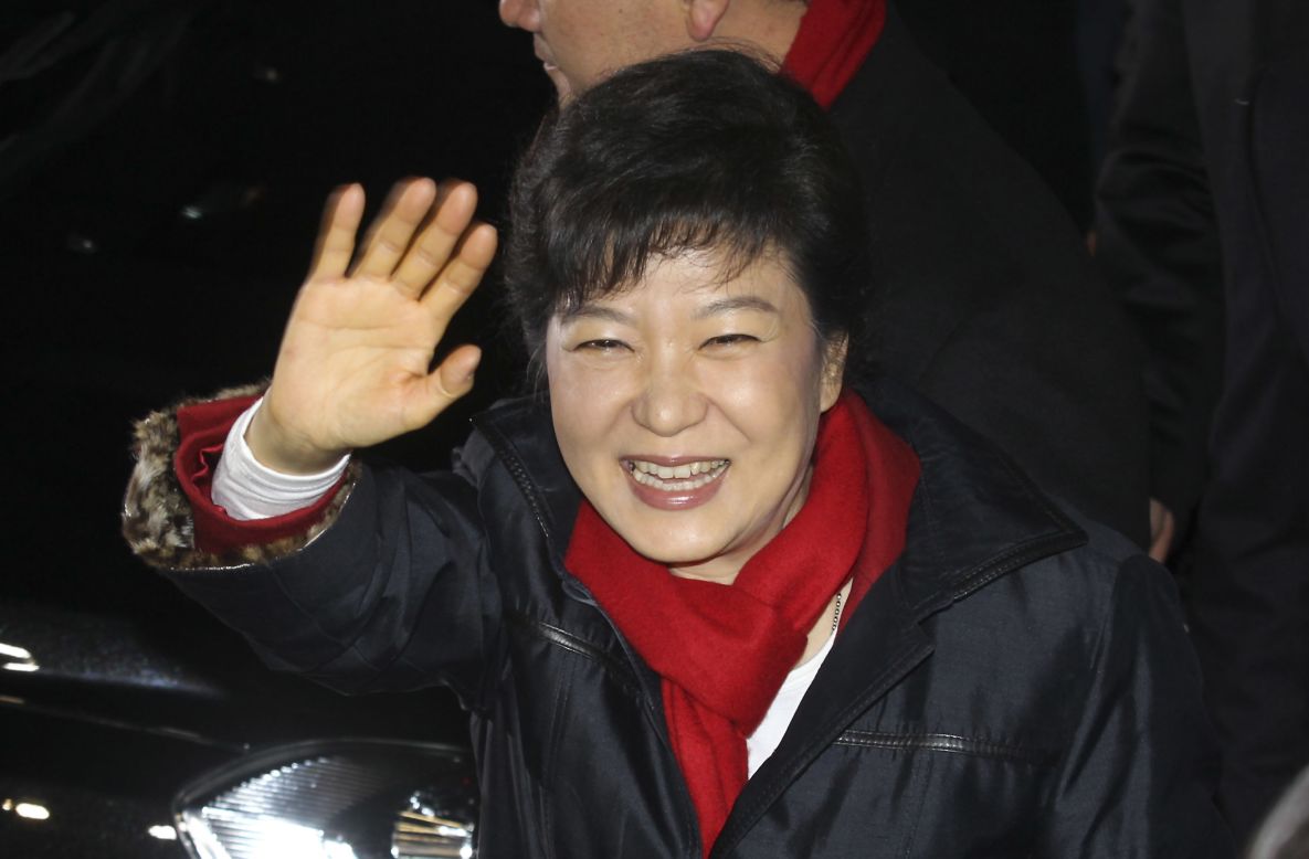 President-elect Park Geun-Hye, South Korea's first female president, waves to supporters after being declared the winner on December 19, 2012 in Seoul. She will become one of several female leaders in Asia, as well as the world. 