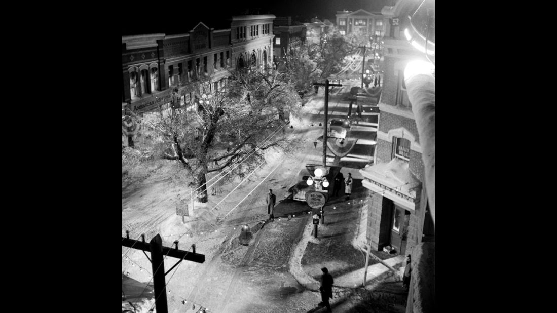A bird's-eye view shows downtown Bedford Falls.