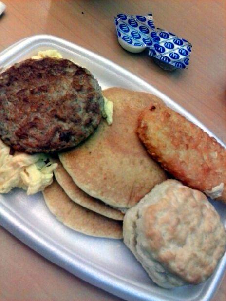 <strong>McDonald's Big Breakfast with Hotcakes:</strong> Big is right. You get scrambled eggs, sausage, hash browns and a small stack of pancakes. Order it with a large-size biscuit and you'll be starting the day with 2,260 milligrams of sodium and 1,150 calories. 