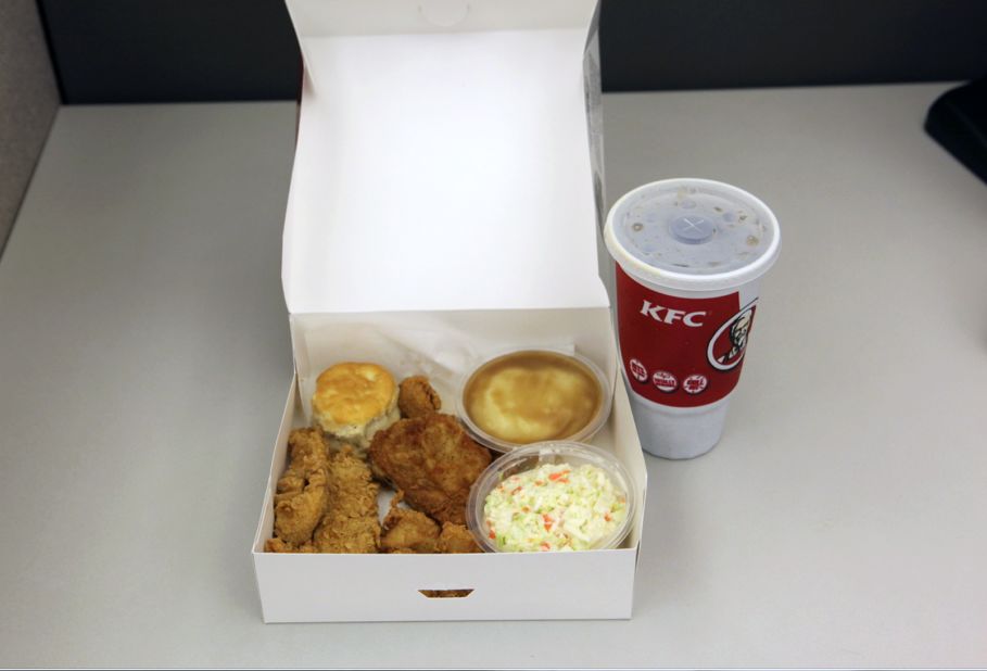 <strong>KFC's Variety Big Box Meal:</strong> KFC provides nutritional information for individual items. We figure this meal -- a drumstick, a Crispy Strip, an individual box of Popcorn Chicken, two Homestyle sides (we chose mashed potatoes with gravy and cole slaw), a biscuit and a 32-oz. drink (Pepsi) -- blasts the daily sodium maximum, with more than 3,000 milligrams of salt and more than 1,400 calories. 