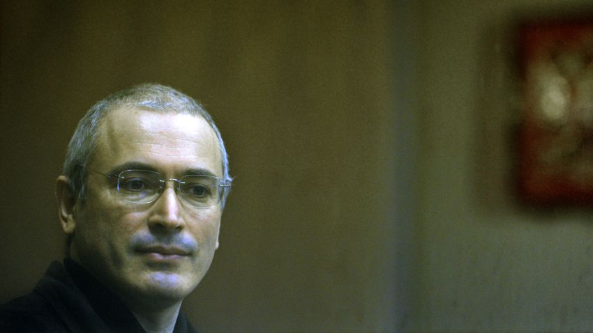 Former Yukos CEO Mikhail Khodorkovsky stands in a Moscow courtroom on November 2, 2010.