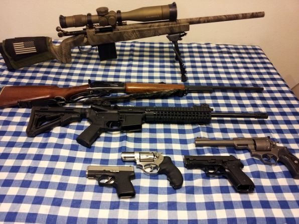 Military style rifles are important to many gun collectors. iReporter Nathan Lee's firearms include a black AR-15 military-style rifle -- seen here second from the top. IReporter Hrothgar-01 said AR-15s are as much a part of the nation's history "as the muskets carried by pioneers" and "the rifles toted by doughboys in the trenches."