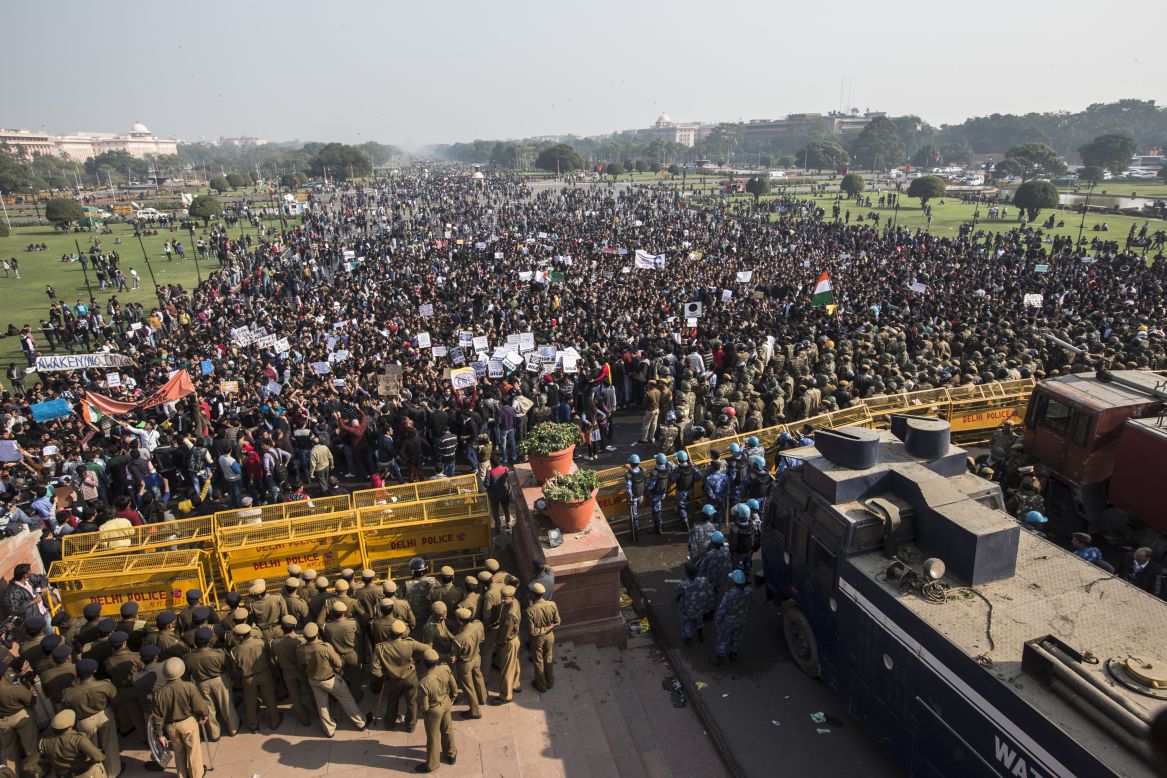 Students chant anti-police slogans during a protest against the Indian government's reaction to recent rape incidents in India, on Saturday, December 22, in New Delhi, India. The demonstration was prompted by wide public outrage over what police said was the gang-rape and beating of a 23-year-old woman on a moving bus in the capital last Sunday.