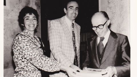 Adele and Joel Sandberg present their book of refusenik case histories to Israel's Prime Minister Menachem Begin, 1978.