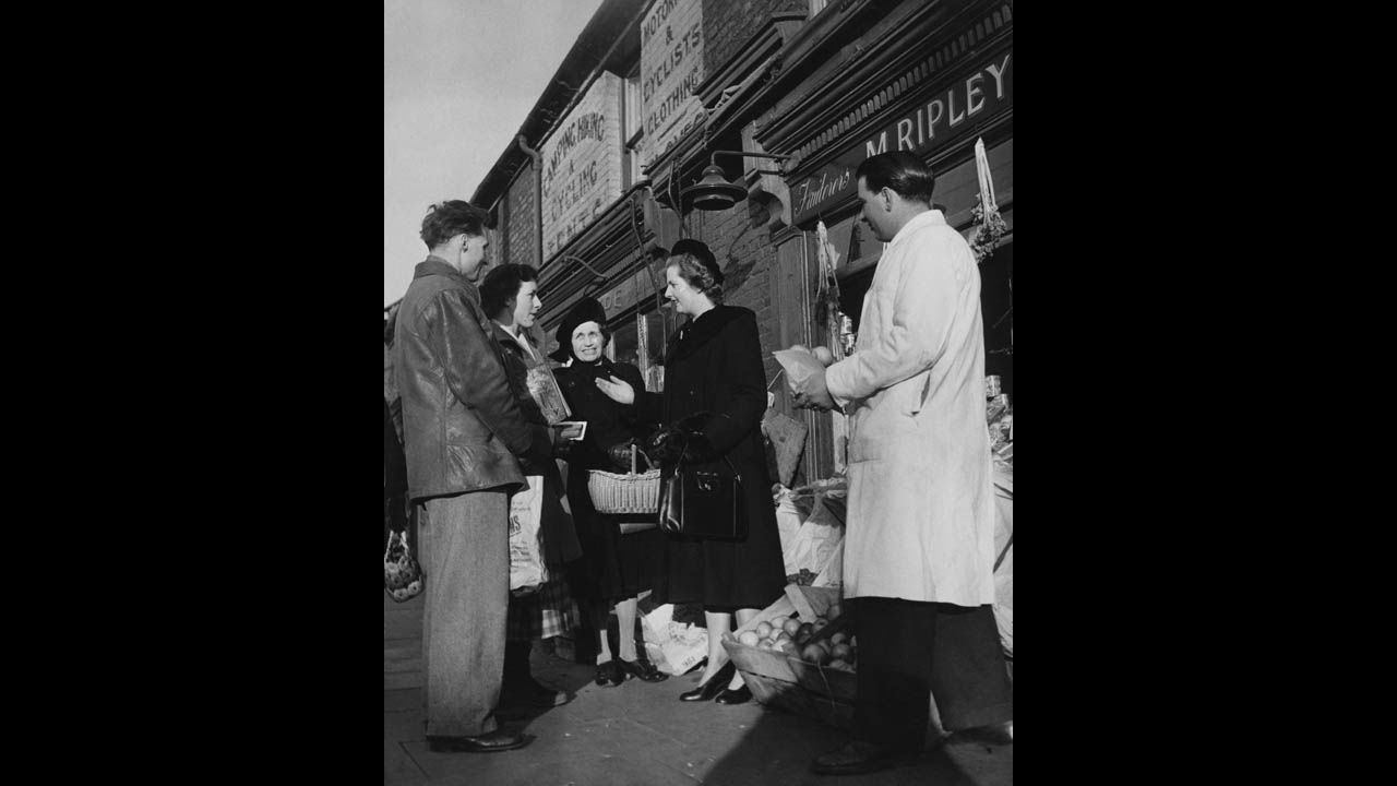 The Conservative Party candidate for Dartford in Kent, England, meets some potential constituents in January 1950.