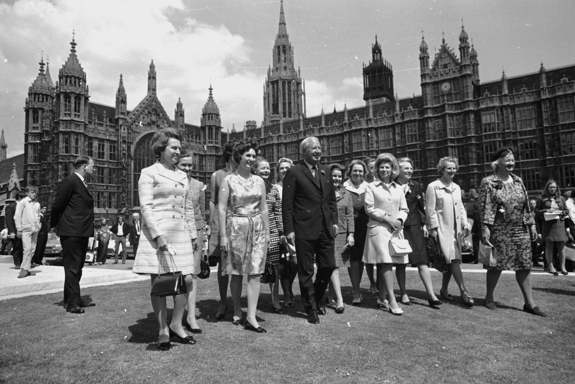 Prime Minister Edward Heath with 13 of 15 newly elected Conservative women members of Parliament outside the House of Commons in June 1970. Thatcher became secretary of state for education and science under Heath.