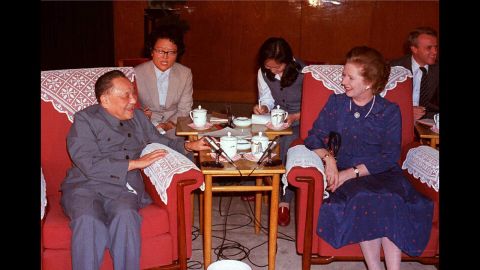 Chinese leader Deng Xiaoping and Thatcher at the Great Hall of the People in Beijing in September 1982. They were holding meetings leading up to the signing of the Sino-British Joint Declaration on the future of Hong Kong in 1984.