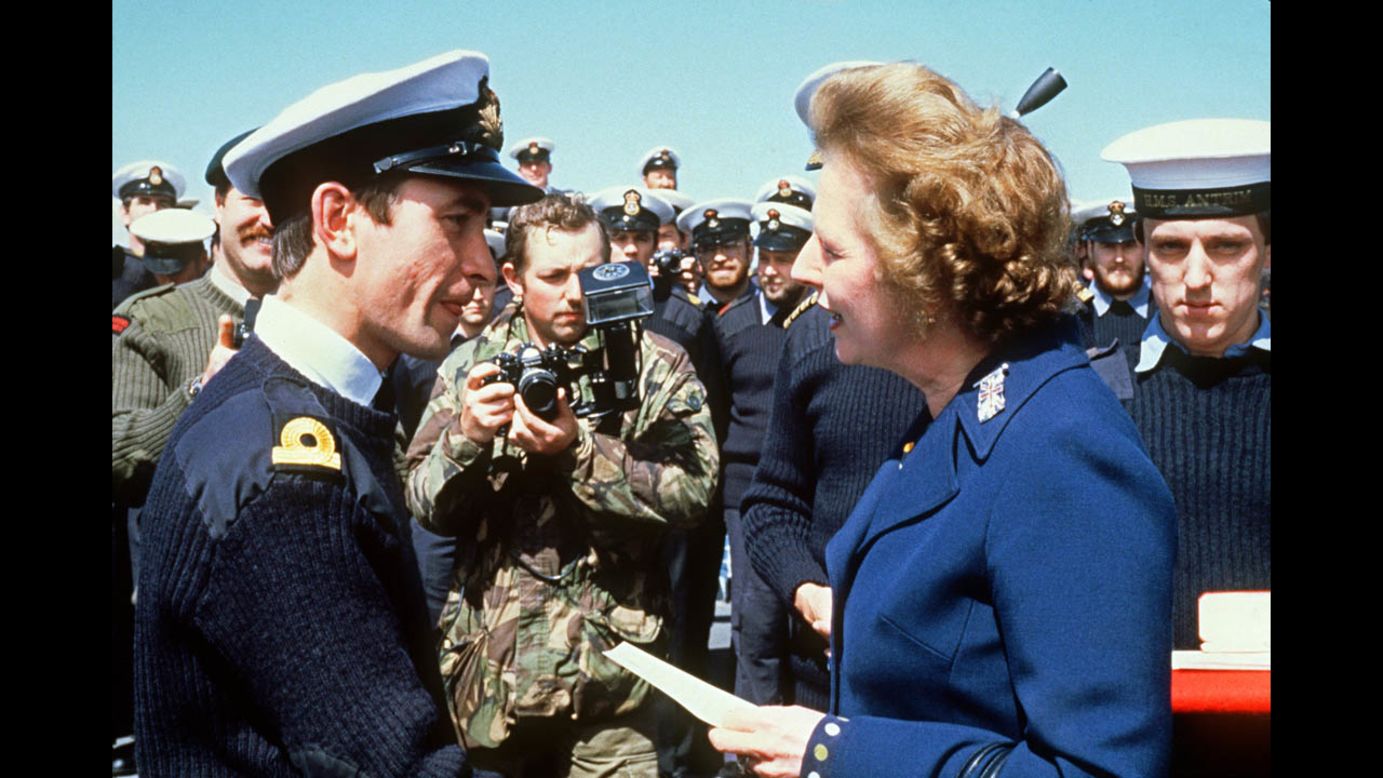Thatcher meets personnel aboard the HMS Antrim during her trip to the Falkand Islands in January 1983. The United Kingdom fought a short war with Argentina over the Falklands in 1982, responding with force when Buenos Aires laid claim to the islands.