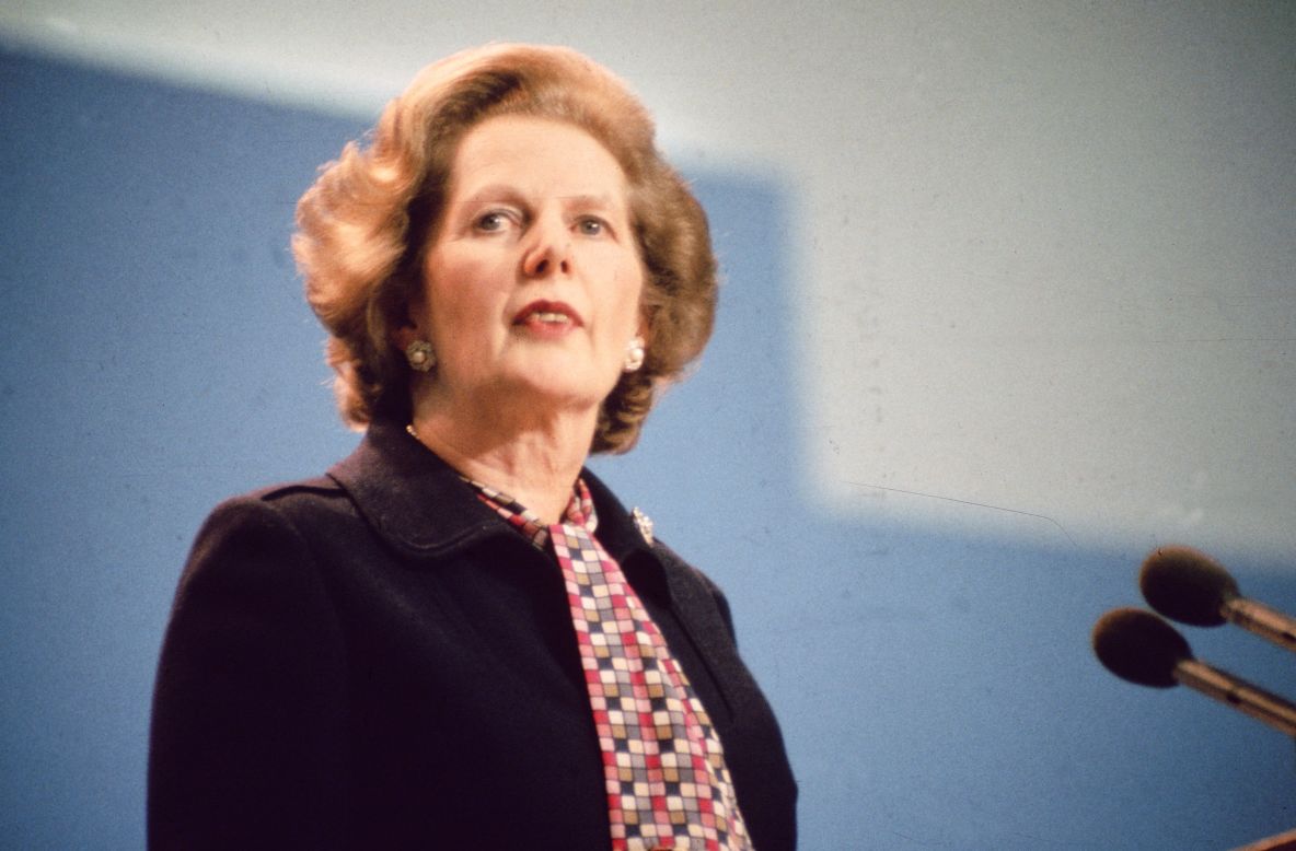 Thatcher addresses a Conservative Party conference in Brighton, England, following an IRA bombing of the Grand Hotel, where many delegates were staying, in October 1984.