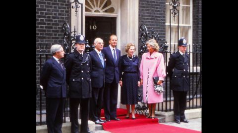 Thatcher receives Spain's King Juan Carlos and Queen Sofia at 10 Downing Street in April 1986.