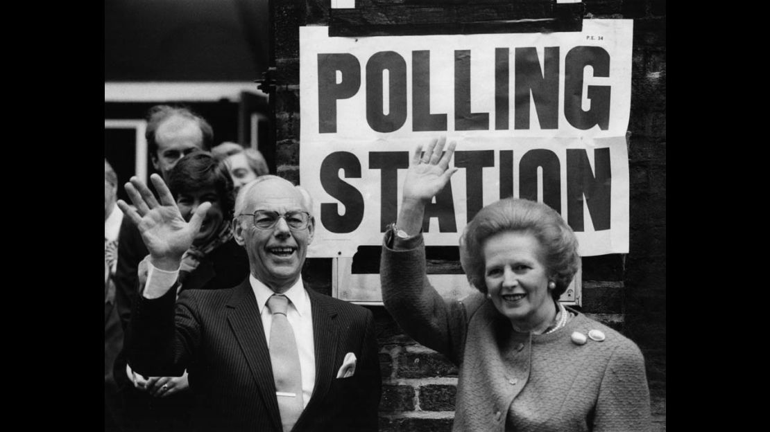 Prime Minister, Margaret Thatcher, and husband Denis at the Castle Street polling station in London on June 11, 1987. .