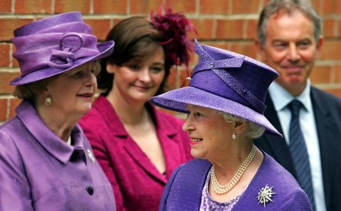 Thatcher, from left, Cherie Blair, Queen Elizabeth II and Prime Minister Tony Blair attend a church service at Pangbourne College in June 2007 to mark the 25th anniversary of victory in the Falklands War. 