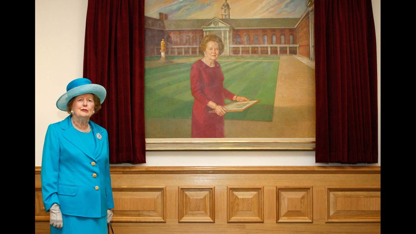 The ex-prime minister helps unveil a portrait of herself at the opening of the Margaret Thatcher Infirmary at the Royal Hospital Chelsea in London in March 2009.