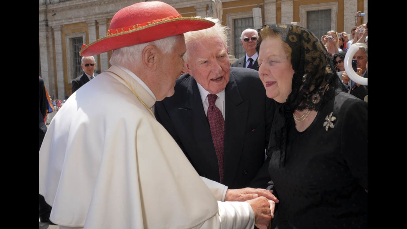 Pope Benedict XVI greets Thatcher in St. Peter's Square at the Vatican in May 2009. 