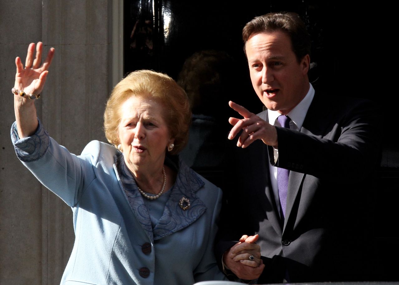 <a href="http://www.cnn.com/2013/04/08/world/europe/uk-margaret-thatcher-dead/">Margaret Thatcher</a>, the first woman to become British prime minister, has died at 87 after a stroke, a spokeswoman said Monday, April 8. <a href="http://www.cnn.com/2013/04/08/world/europe/margaret-thatcher-icon-outcast/">Known as the "Iron Lady,"</a> Thatcher, as Conservative Party leader, was prime minister from 1979 to 1990. Here she visits British Prime Minister David Cameron at 10 Downing Street in London in June 2010. 