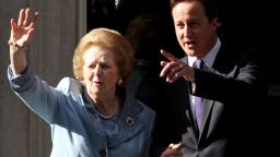 Margaret Thatcher, the first woman to become British prime minister, has died at 87 after a stroke, a spokeswoman said Monday, April 8. Known as the "Iron Lady," Thatcher, as Conservative Party leader, was prime minister from 1979 to 1990. Here she visits British Prime Minister David Cameron at 10 Downing Street in London in June 2010. 
