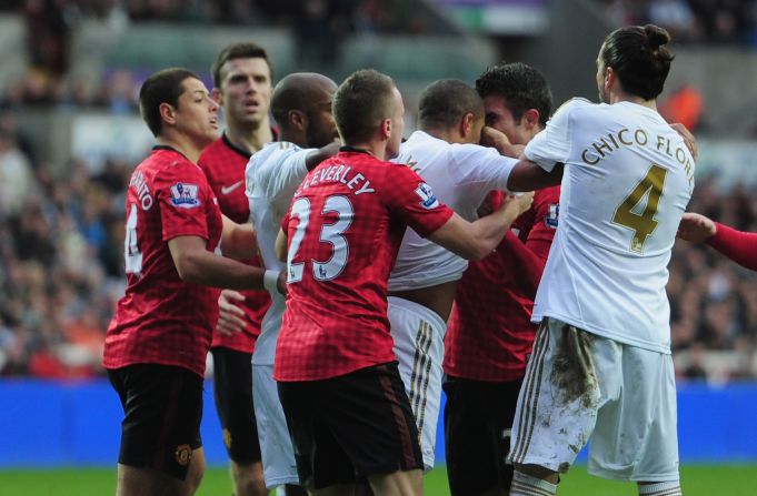  Ashley Williams and United's van Persie clash after the Swansea defender had kicked the ball against the Dutchman while he was on the floor. United manager Alex Ferguson was left fuming at Williams and said:  "The Van Persie situation you can clearly see that he could have been killed."