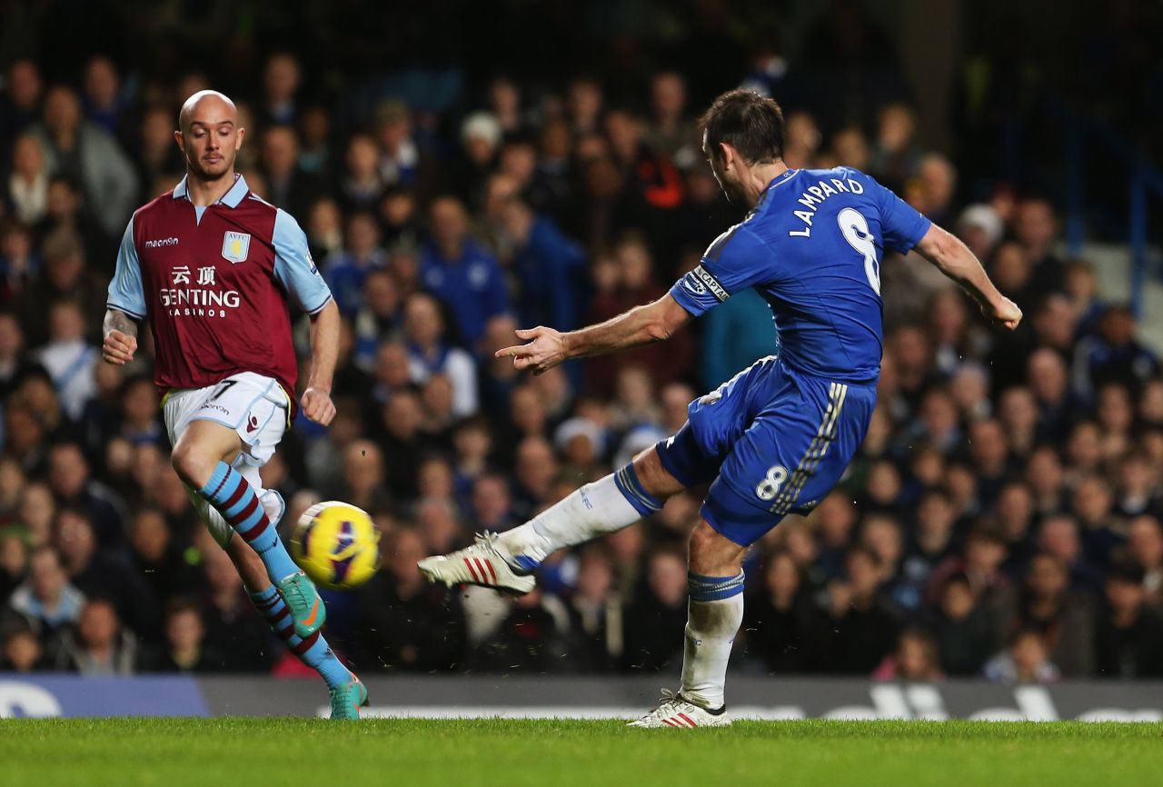 Frank Lampard became Chelsea's all-time leading scorer in top-flight football after hitting his 130th goal on his 500th league start. Lampard's drive gave the home side a 4-0 lead as Villa began to wilt.
