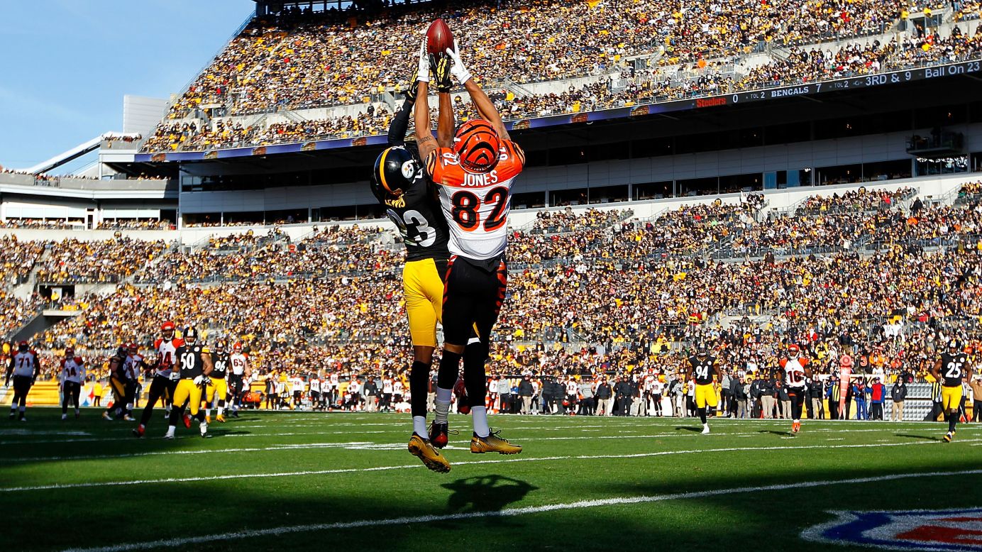 Marvin Jones of the Cincinnati Bengals goes up to catch a pass in the end zone before having it knocked loose by Keenan Lewis of the Pittsburgh Steelers in the first half at Heinz Field on Sunday in Pittsburgh. 