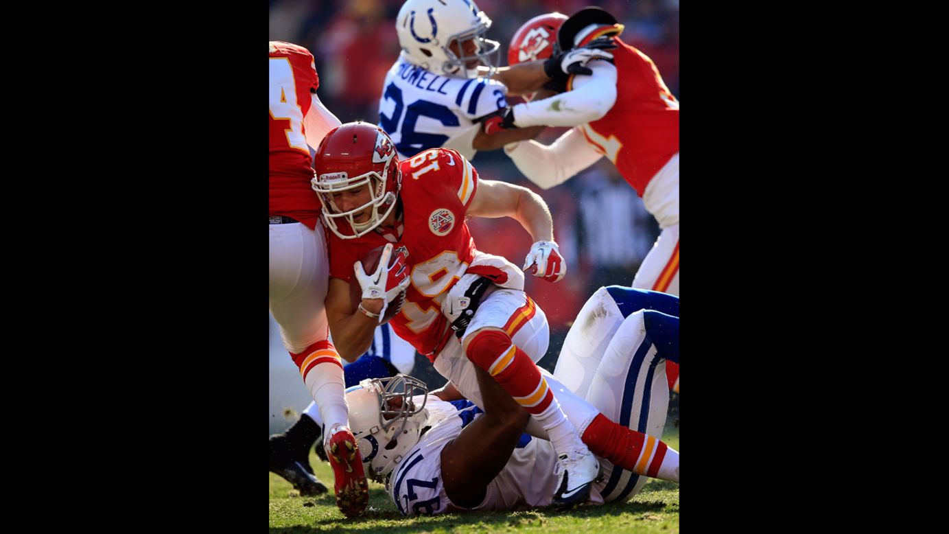 Wide receiver Devon Wylie of the Chiefs is stopped by linebacker Jamaal Westerman of the Colts on Sunday.