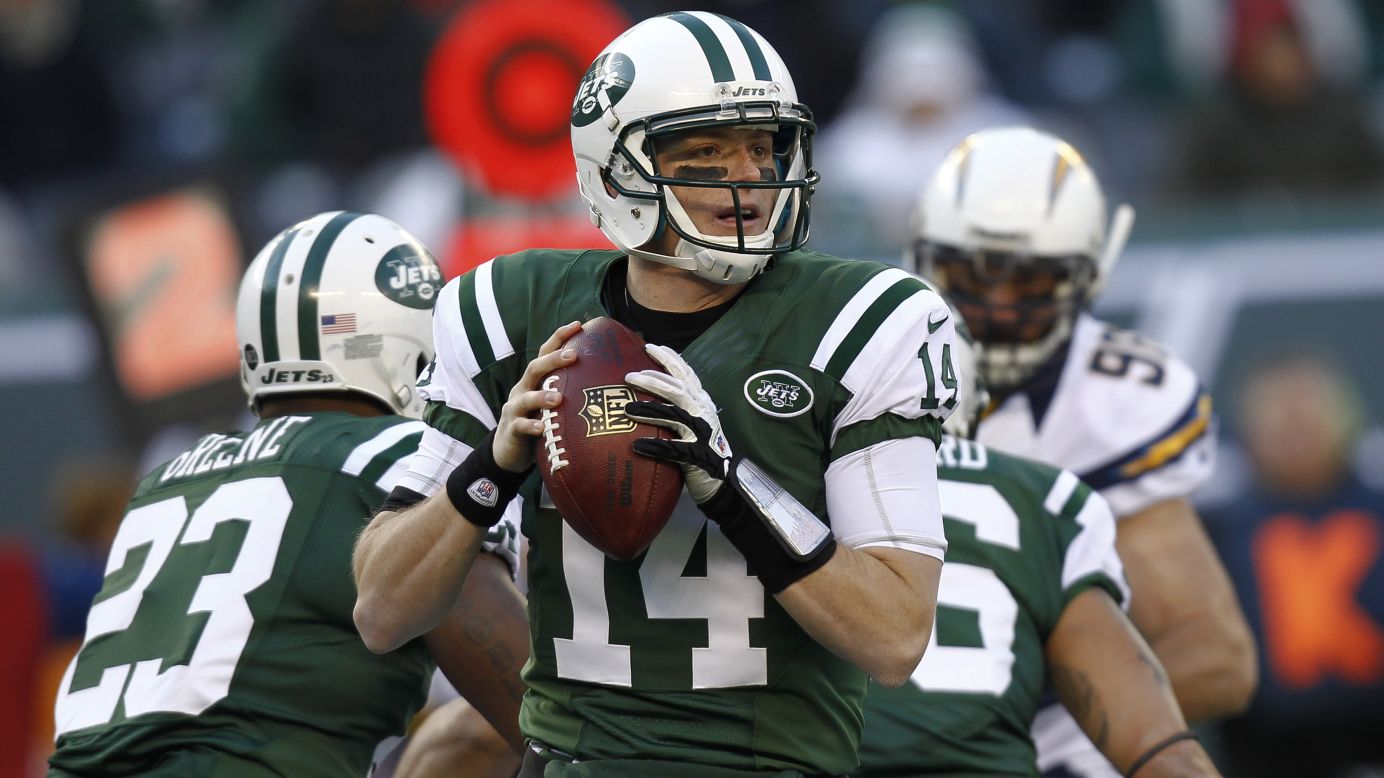 Greg McElroy of the New York Jets looks for an open man against the San Diego Chargers at MetLife Stadium on Sunday in East Rutherford, New Jersey.