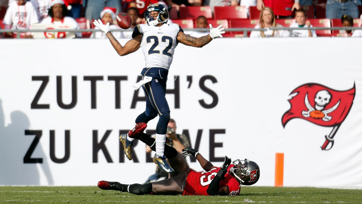 Defensive back Trumaine Johnson of the Rams breaks up a pass intended for receiver Mike Williams of the Buccaneers on Sunday.