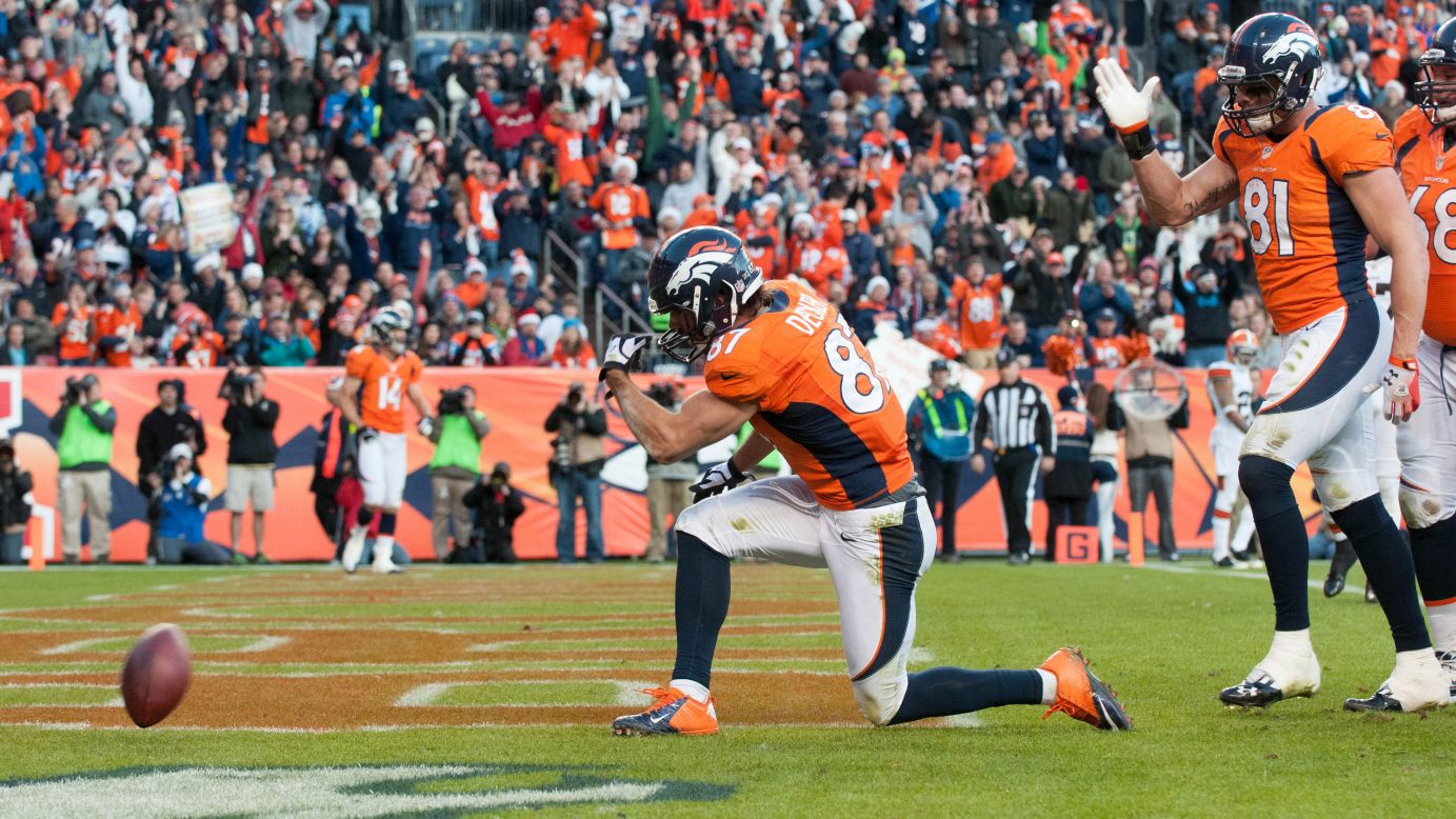 Wide receiver Eric Decker of the Denver Broncos celebrates a touchdown reception against the Cleveland Browns on Sunday in Denver.