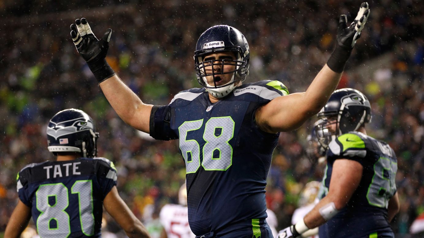 Breno Giacomini of the Seattle Seahawks celebrates after Marshawn Lynch scores a touchdown on Sunday.