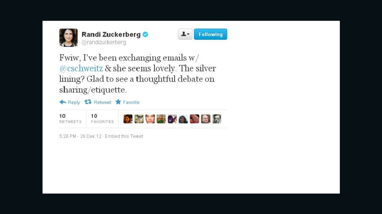 No hard feelings? Randi Zuckerberg tweeted that a photo flap has spurred "thoughtful debate" about online sharing.