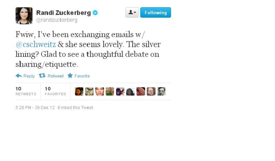 No hard feelings? Randi Zuckerberg tweeted that a photo flap has spurred "thoughtful debate" about online sharing.
