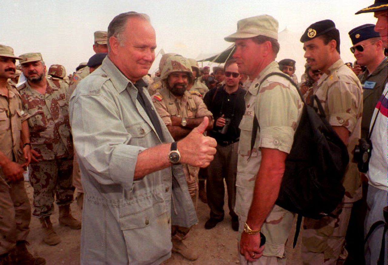 Schwarzkopf gives the thumbs up in Kuwait on April 17, 1994, during the last day of joint Kuwaiti-American-British maneuvers. Schwarzkopf was invited to observe the exercises, the biggest in the emirate since the Gulf War.