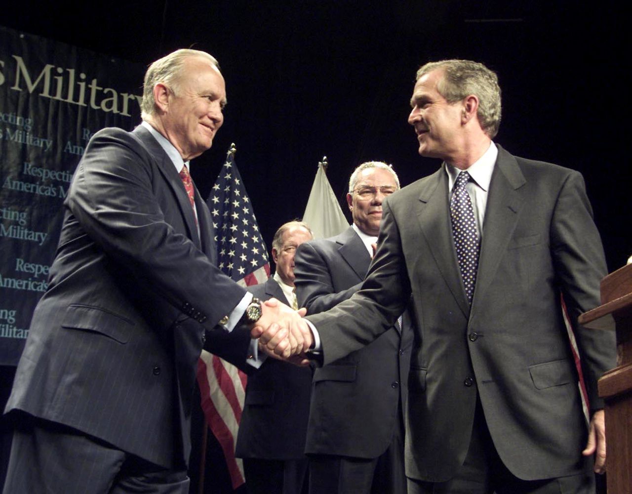 Republican presidential candidate and Texas Gov. George W. Bush and Schwarzkopf on stage after their speeches to veterans at Wright State University in Dayton, Ohio, on September 7, 2000. 