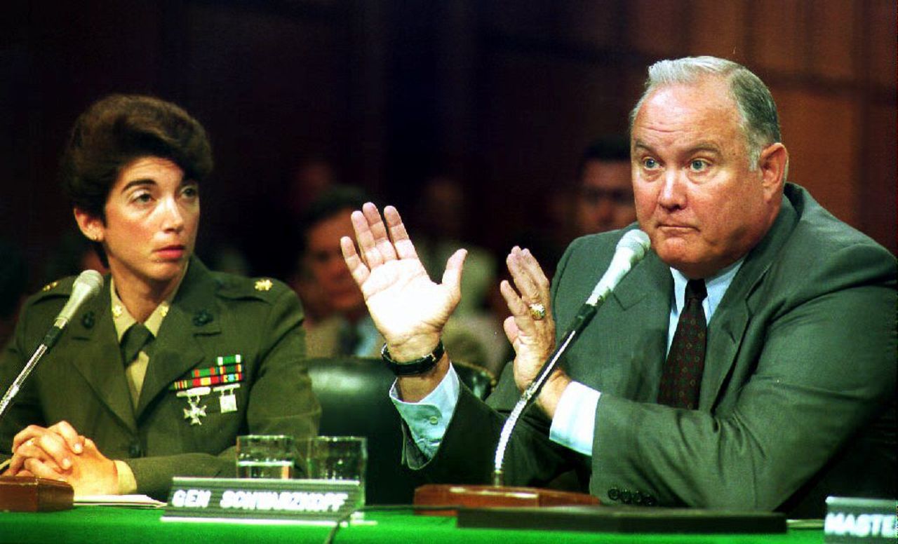 Schwarzkopf testifies before the Senate Armed Services Committee on May 11, 1993, alongside Maj. Kathleen Bergeron of the U.S. Marine Corps. Schwarzkopf and Bergeron defended the ban on gays in the military.