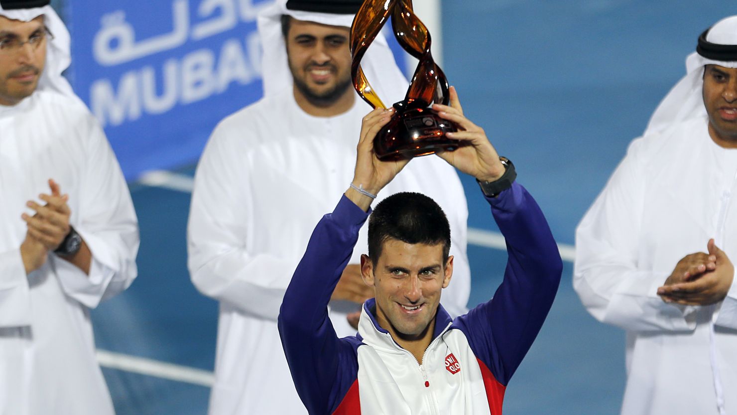 Serbia's Novak Djokovic celebrates winning the Mubadala World Tennis Championship for the second year in a row.