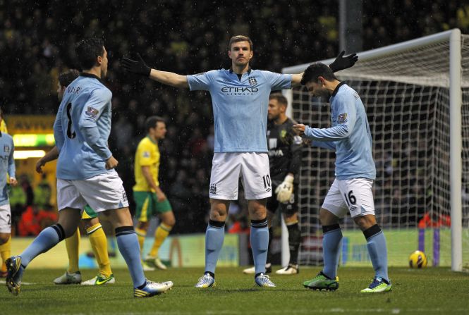 Edin Dzeko had put the visitors 2-0 ahead inside five minutes, and the recalled Bosnian striker was involved in the decisive fourth goal -- his shot hit the post and rebounded into the net off Norwich goalkeeper Mark Bunn, who was credited with an own-goal. 