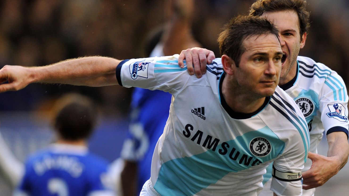 Frank Lampard is congratulated by Juan Mata after scoring Chelsea's second goal at Everton in a 2-1 win.