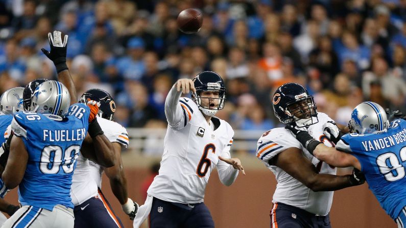 The enigmatic Cutler (#6) is .500 lifetime as a starter (68-68), and has made the playoffs just once, in 2010. Since then the Bears have had just one winning season. "Jay Cutler has gotten a lot of offensive coordinators fired, let's be honest," mused NFL analyst Marshall Faulk.  