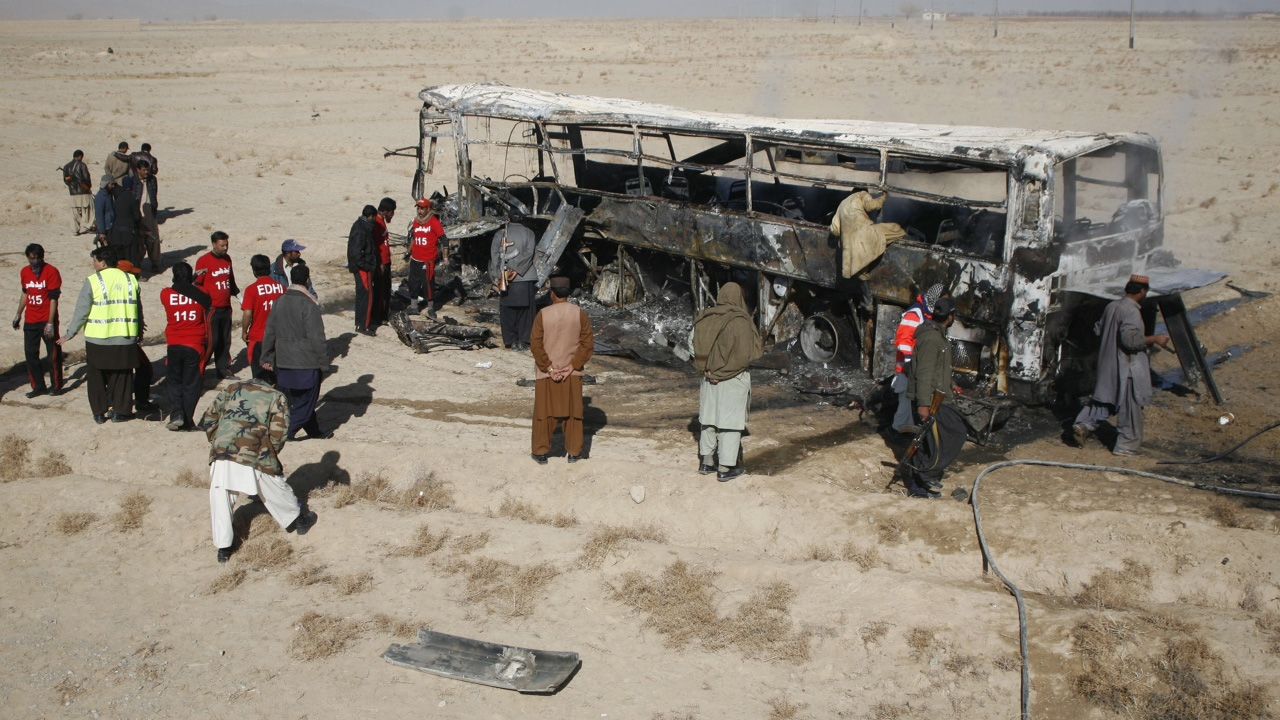 The burned out remains of the piligrim's bus that was attacked in the Balochistan province of Pakistan.