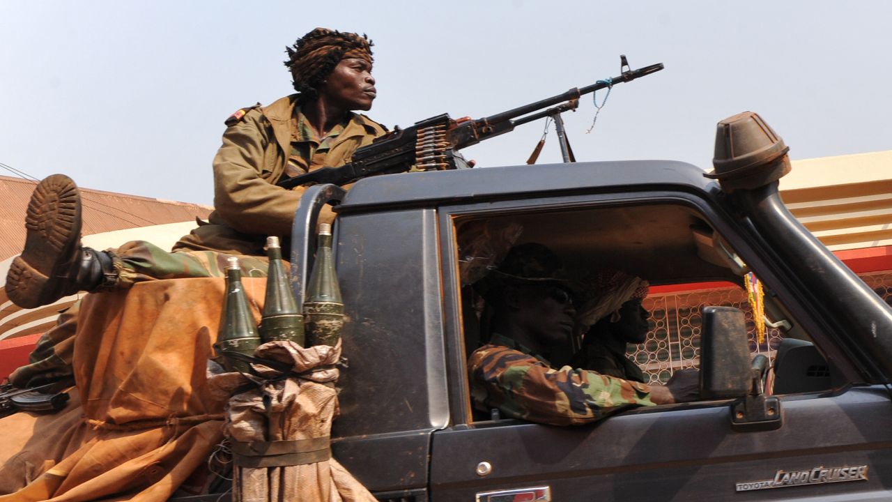 Central African Republic soldiers patrol a street of Bangui on December 31, 2012.