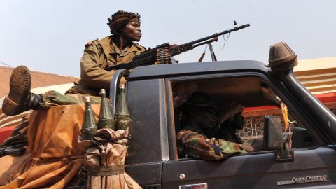 Central African Republic soldiers patrol a street of Bangui on December 31, 2012.