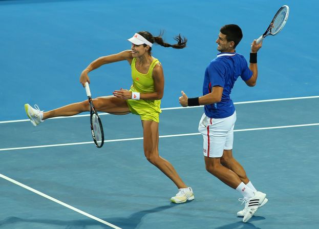 Djokovic returned to play with Ana Ivanovic in a mixed doubles match for Serbia against Italy.