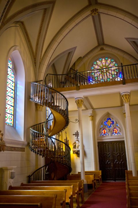 The Loretto Chapel in Santa Fe, New Mexico. The Gothic Revival church's spiral staircase is a woodwork masterpiece.