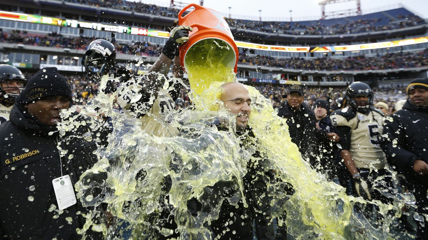 Vanderbilt Commodores Head Coach James Franklin gets showered with Gatorade at the end of the game against the North Carolina State Wolfpack on December 31. Vanderbilt won 38-24.