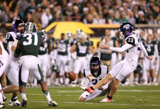 Jaden Oberkrom of the TCU Horned Frogs kicks a second-quarter field goal against the Michigan State Spartans during the Buffalo Wild Wings Bowl at Sun Devil Stadium on December 29 in Tempe, Arizona.