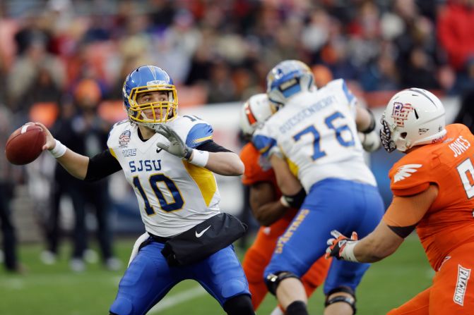 David Fales of the San Jose State Spartans throws a pass against the Bowling Green Falcons during the first half of the Military Bowl at RFK Stadium on Thursday, December 27, in Washington.